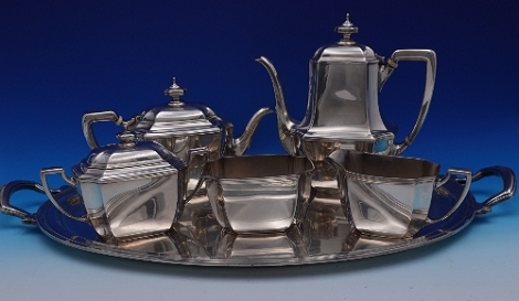 5-pc Tea Set with Tray 154 toz includes Coffee Pot, Tea Pot, Sugar Bowl w/ lid, Creamer, Waste and Tray sku# 8964-h - Hampton by Tiffany - Sterling 